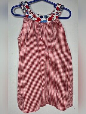 Oscar de la Renta Red and White Gingham Girls Dress with Floral Yoke